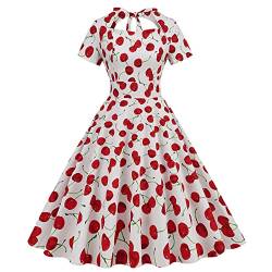 Generic 1950er Rockabilly Retro Kleider Damen Vintage Cherry Print Hepburn Kurzarm Kleid mit gebundenem Saum A-Linie Partykleid 50er Jahre Kleid Vintage Blumenkleid Bedrucktes Cocktailkleid von Zeiayuas