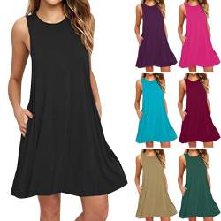 Sommerkleid Damen Knielang Elegant Kleider Ärmellos Rundhals Einfarbig Strandkleid Damen Sommer A-Linie Kleid Sommer Swing Freizeitkleid Lose Baumwolle Tankkleid Tshirt Kleid mit Tasche von Zeiayuas