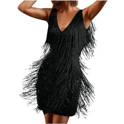 Zeiayuas Fransen Kleid Schwarz Damen Vintage Kostüm Flapper 20er Jahre Cocktailkleid Elegant Festlich Party Cocktailkleider Sexy Langarm Paillettenkleider Damen Maxikleid Brautjungfer Ballkleid von Zeiayuas