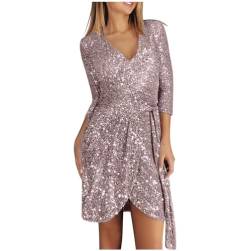 Zeiayuas Paillettenkleid Damen GroßE GrößEn Glitzernde Kleider Elegant Langärmelige Pailletten-Krawattenkleider für Frauen mit V-Ausschnitt Ballkleid Kurz von Zeiayuas