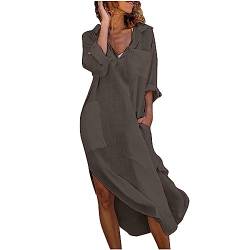 Zeiayuas Sommerkleider Damen Leicht Kaftan Kleid Damen Sommer Baumwolle Langarm Maxi Leinenkleid mit Taschen Lose V-Ausschnitt Falten Leinen Boho Lässiges Lang Freizeitkleid Retro Cotton Dress von Zeiayuas