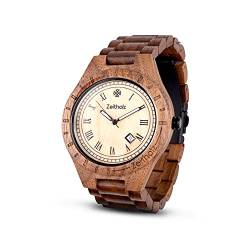 Zeitholz Holzuhr für Herren - Modell Zittau, handgefertigt aus 100% natürlichem Walnuss und Ahorn mit Quarzwerk - Leichte analoge Uhr mit Holzmaserung für Ihn - Verstellbares Armband von Zeitholz