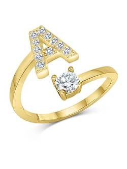 Zelaro Zirkonia Ring mit Initialen Gold | Pärchen Ringe für Mädchen Geschenk für Freundin, Freund | Ring mit Buchstabe | Frauen Ring als Schmuck Ringe zum Jahrestag | Verstellbare Ringe in Gold (A) von Zelaro