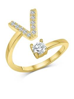Zelaro Zirkonia Ring mit Initialen Gold | Pärchen Ringe für Mädchen Geschenk für Freundin, Freund | Ring mit Buchstabe | Frauen Ring als Schmuck Ringe zum Jahrestag | Verstellbare Ringe in Gold (V) von Zelaro