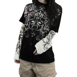 Damen Y2K Fairy Grunge Sweatshirt Langarm Grafik Print Oversized T-Shirt Gothic Streetwear Pullover Top, Schwarz-gefälschte 2 Stück, M von Zempertoopa