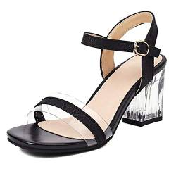 ZeniRuec Damen Mode Mid Höhe Ferse Clear Heel Sandalen Square Toe Blockabsatz Transparent Sommer Schuhe Black Große 33 Asiatisch von ZeniRuec