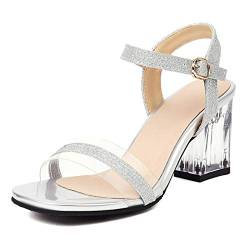 ZeniRuec Damen Mode Mid Höhe Ferse Clear Heel Sandalen Square Toe Blockabsatz Transparent Sommer Schuhe Silver Große 32 Asiatisch von ZeniRuec