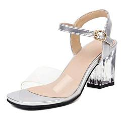 ZeniRuec Damen Modern Mid Höhe Ferse Clear Schuhe Square Toe Clear Heel Sandalen Block Chunky Heel Transparent Sommer Schuhe Silver Große 32 Asiatisch von ZeniRuec