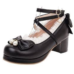 ZeniRuec Damen Süss Lolita Schuhe Bow Blockabsatz Schuhe mit Absatz Mit Spitze Cosplay Kleid Pumps Black Große 36 Asiatisch von ZeniRuec