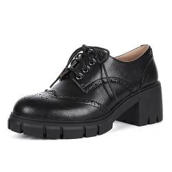 ZeniRuec Plattform Oxford Schuhe für Frauen Chunky Block Heel Vintage Schuhe Wingtip Oxford Sattelschuhe Schwarz Lug Sohle Casual Arbeit Business Pumps Schnürschuh, Schwarzes PU., 37 EU von ZeniRuec