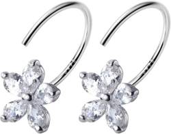 Silberne Ohrringe, Damenmode-Creolen, zierliche Kristallblume, kleine halbe Creolen, Silber for Frauen, Teenager, Mädchen, niedlicher CZ-Diamant, Knorpel, Huggie-Creolen, Manschetten-Ohrstecker, Nasen von ZerHoc