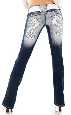 Damen Bootcut Jeans Hose Schlaghose Drache Dragon Schmetterling Stickerei Tattoo Gürtel XS-XXL (L/40, Drache-Silber) von Zeralda Fashion