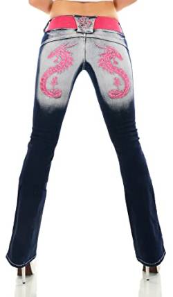 Damen Bootcut Jeans Hose Schlaghose Drache Dragon Schmetterling Stickerei Tattoo Gürtel XS-XXL (as3, Alpha, s, Regular, Regular, Drache-Pink, S/36) von Zeralda Fashion