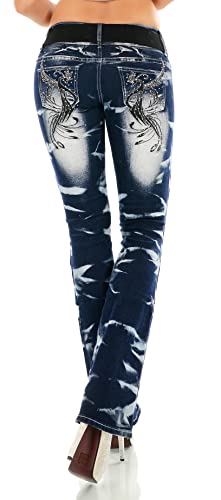 Damen Bootcut Jeans Hose Schlaghose Drache Dragon Schmetterling Strauß Stickerei Tattoo Gürtel XS-XXL (as3, Alpha, l, Regular, Regular, Strauß-Schwarz, L) von Zeralda Fashion
