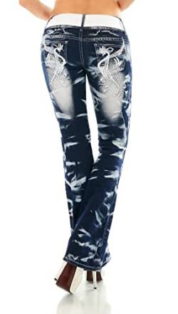 Damen Bootcut Jeans Hose Schlaghose Drache Dragon Schmetterling Strauß Stickerei Tattoo Gürtel XS-XXL (as3, Alpha, m, Regular, Regular, Strauß-Silber, M) von Zeralda Fashion