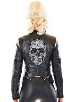 Zeralda Fashion Damen Biker Jacke Glitzer Totenkopf Kunstleder Leder Wet Look Skull S M L XL (L, Schwarz) von Zeralda Fashion