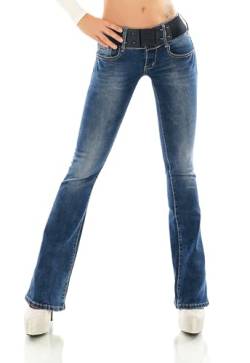 Zeralda Fashion Damen Jeans Hose Bootcut Schlag Denim Stretch Gürtel XS S M L XL (DE/NL/SE/PL, Alphanumerisch, S, Regular, Regular, W382-Blau) von Zeralda Fashion