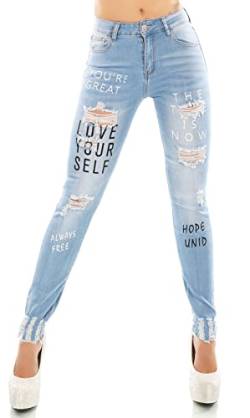 Zeralda Fashion Damen Jeans Hose Röhrenjeans High Waist Skinny Schriftzug Print Risse Fetzen XS-XL (as3, Alpha, m, Regular, Regular, Hellblau-4776) von Zeralda Fashion