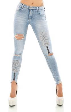 Zeralda Fashion Damen Mid Waist Jeans Hose Röhrenjeans Totenkopf Skull Pailletten Zip XS-XL (as3, Alpha, m, Regular, Regular, Blue Washed-2387) von Zeralda Fashion