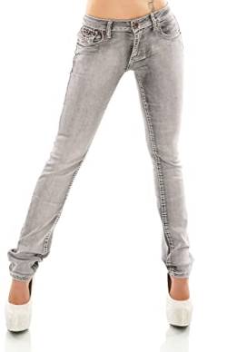 Zeralda Damen Jeans Hose gerade Straight Bootcut Flap Pocket Dicke Nähte Stretch 36-44 (Grey-Washed-90-85, 44) von Zeralda