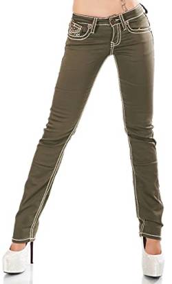 Zeralda Damen Jeans Hose gerade Straight Bootcut Flap Pocket Dicke Nähte Stretch 36-44 (khaki-16-101-75, 40) von Zeralda