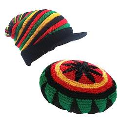 ZffXH 1/2 Pcs Rasta-Mütze aus Wolle, Reggae, Jamaica Jamaikanische Mütze Herren, bunt Skull hip hop hat, Slinky Visier, Beanie-Mütze, Slouchy Baggy Cap von ZffXH