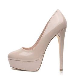 Zhabtuc Damen Plateau Pumps Geschlossen Runde Zeh High Heels 14cm Klassische Party Abschlussball Hochzeit Abend Stilettos Damenschuhe Beige Nackt 40.5 EU von Zhabtuc