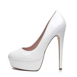 Zhabtuc Damen Plateau Pumps Geschlossen Runde Zeh High Heels 14cm Klassische Party Abschlussball Hochzeit Abend Stilettos Damenschuhe Weiß 40.5 EU von Zhabtuc