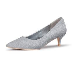 Zhabtuc Damen Pumps mit Kitten Heel, Sexy Spitz Niedrige Absätze 5 cm Absatzschuhe Geschlossene Pumps mit Kleinem Absatz Elegant Brautschuhe Büro Heel Schuhe, Silber 38.5EU von Zhabtuc