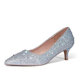 Zhabtuc Damen Pumps mit Kitten Heel, Sexy Spitz Niedrige Absätze 5 cm Absatzschuhe Geschlossene Pumps mit Kleinem Absatz Elegant Brautschuhe Büro Heel Schuhe, Strass Silber 42EU von Zhabtuc