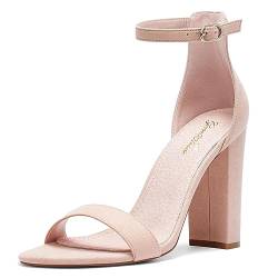 Zhabtuc Damen Sandaletten High Heels mit Blockabsatz Hoher Absatz Offene Zehen Knöchelriemen Sommerschuhe Frauen Chunky Blockabsatz Sandalen Abend Party Sandals Beige EU38.5 von Zhabtuc