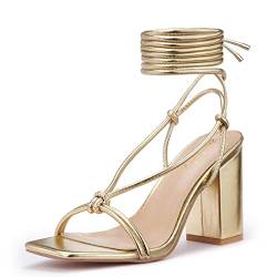 Zhabtuc Damen Sandaletten mit Blockabsatz Schnürsenkel Sandale Eckige Offen Zehen Riemchensandalen Sommer Heel Sandaletten Sexy Party Abschlussball Hochzeit Stöckelschuhe Sandaletten Gold EU37.5 von Zhabtuc