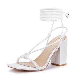 Zhabtuc Damen Sandaletten mit Blockabsatz Schnürsenkel Sandale Eckige Offen Zehen Riemchensandalen Sommer Heel Sandaletten Sexy Party Abschlussball Hochzeit Stöckelschuhe Sandaletten Weiß EU37.5 von Zhabtuc