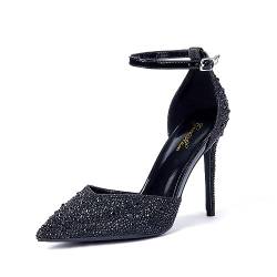 Zhabtuc Schwarz Strass Pumps für Damen Glitzer Knöchelriemen Stiletto Heels 10 cm/3,94 Inches Funkelnde Spitze Absatzschuhe Party Hochzeit Heels Brautschuhe Glänzende Stöckelschuhe, 40EU von Zhabtuc