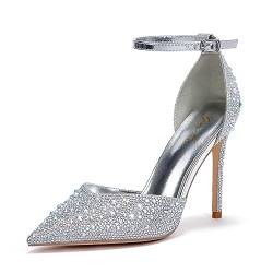 Zhabtuc Silber Strass Pumps für Damen Glitzer Knöchelriemen Stiletto Heels 10 cm/3,94 Inches Funkelnde Spitze Absatzschuhe Party Hochzeit Heels Brautschuhe Glänzende Stöckelschuhe, 40EU von Zhabtuc