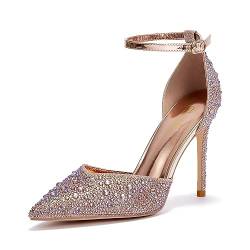 Zhabtuc Stiletto Pumps Damen Glitzer Strass Knöchelriemen High Heels 10 cm/3,94 Inches Funkelnde Spitze Absatzschuhe Party Hochzeit Heels Brautschuhe Glänzende Stöckelschuhe, Gold, 38EU von Zhabtuc