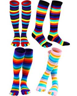 4 Paar Regenbogen-Zehensocken, bunt, über dem Knie, 5 Zehensocken, Oberschenkelhoch, Regenbogen-Streifen, Beinwärmer, lustiger Stolz, lange Zehensocken für Damen und Mädchen von Zhanmai