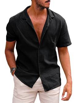 Herren Leinen Baumwolle Hemden Casual Button Down Kurzarm Strand Kragen Solid Shirt Top, 01 Schwarz, Mittel von Zhaovi's