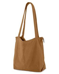 ZhengYue Cord Tasche Damen Umhängetasche Handtasche mit Reißverschluss,Groß Tasche Tote Bag Shopper Schultertaschen für Arbeit Büro Reisen Einkaufen Schule und Alltag Khaki von ZhengYue