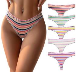 Zhiaek 5er Pack String Tanga Damen Baumwolle Sexy Unterwäsche für Frau Thong Multipack Unterhosen Frauen Bunte Streifen Dessous Lingerie, S-XL von Zhiaek