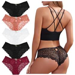 Zhiaek 5er Pack String Tanga Damen Spitze Sexy Unterwäsche für Frau Unterhosen Damen Thong Atmungsaktiv Slips Nahtlose Hipster Bikinis Panties Dessous Mehrpack S-XL von Zhiaek