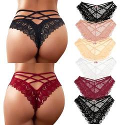 Zhiaek 6er Pack Unterhosen Damen Spitze Sexy Unterwäsche für Frau Stretch String Tanga Damen Spitze Atmungsaktiv Ultra Soft Slip Hipster Panties Dessous Mehrpack, S-XL von Zhiaek