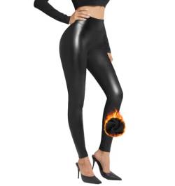 Zhiaek Sexy PU Leder Leggings Damen High Waist Kunstlederhose Damen Schwarz Stretch Fleece Gefüttert Lederhose Strumpfhosen Leggins Stretchhose von Zhiaek