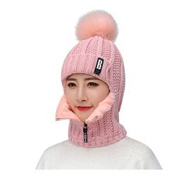 Zhiyao Beanie Strickmütze Hat Herren Damen Winter Mütze Bommelmütze Wintermütze warm gefüttert Ohrenschützer Hinzufügen Beflockung Thermal Radfahren mit Bommel-Mütze, Einheitsgröße, Rosa von Zhiyao