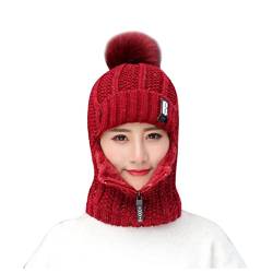 Zhiyao Beanie Strickmütze Hat Herren Damen Winter Mütze Bommelmütze Wintermütze warm gefüttert Ohrenschützer Hinzufügen Beflockung Thermal Radfahren mit Bommel-Mütze, Wine, Einheitsgröße von Zhiyao