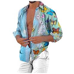 Zhiyao Hemd Bunte Herren Langarm Leinenhemd Muster Blumen Casual Hawaii-Print Männer Mehrfarbig Shirts Baumwolle, Blau von Zhiyao