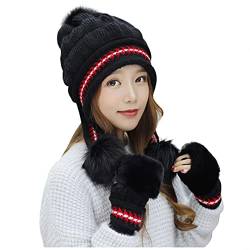 Zhiyao Warm Beanie Mütze Gestreifte Damen 2-teiliges Strickmütze gefüttert Wintermütze Strick Beanie Winter Wollmützen Modisch Baskenmützen(1 *Hut +2* Handschuhe) von Zhiyao