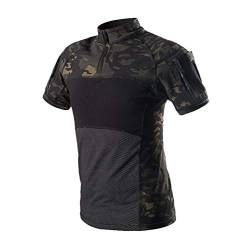 Zhiyuanan Herren Tactical Kurzarm Hemd, Slim Fit Kurzarm Revers Knopf Camo Combat T Shirt mit Reißverschluss Atmungsaktiv Airsoft Jagd Wald Schwarz CP XL von Zhiyuanan