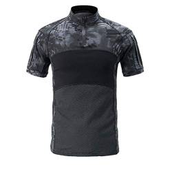 Zhiyuanan Herren Tactical Kurzarm Hemd, Slim Fit Kurzarm Revers Knopf Camo Combat T Shirt mit Reißverschluss Atmungsaktiv Airsoft Jagd Wald Schwarzes Python-Muster M von Zhiyuanan