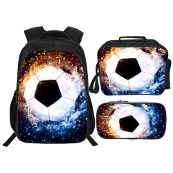 Zhongh Fußball-Rucksack für Kinder, Büchertasche, 40,6 cm, Schultasche, Tagesrucksack mit Lunchbox, Tasche und Federmäppchen, Set für Jungen und Mädchen von Zhongh